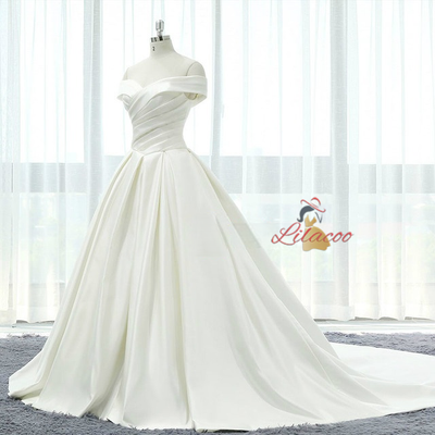 White Satin Off The Shoulder Pleats Wedding Dress