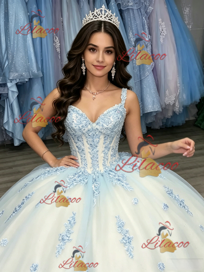 White Tulle Straps Appliques Quinceanera Dress