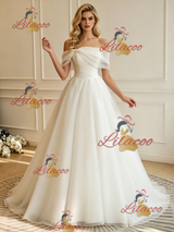 Beige White Tulle Off the Shoulder Wedding Dress