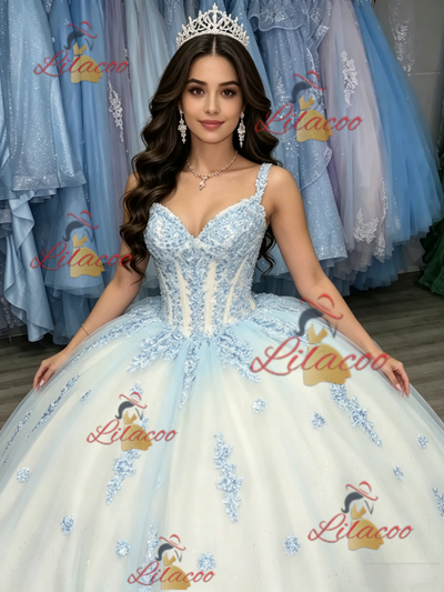 White Tulle Straps Appliques Quinceanera Dress