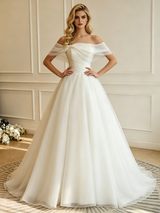 Beige White Tulle Off the Shoulder Wedding Dress