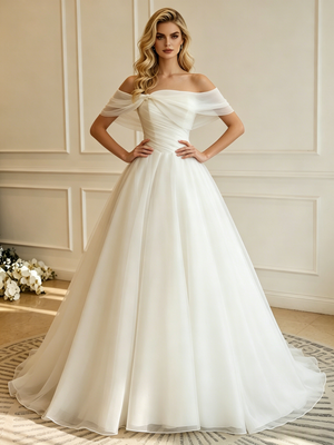 Beige White Tulle Off the Shoulder Wedding Dress