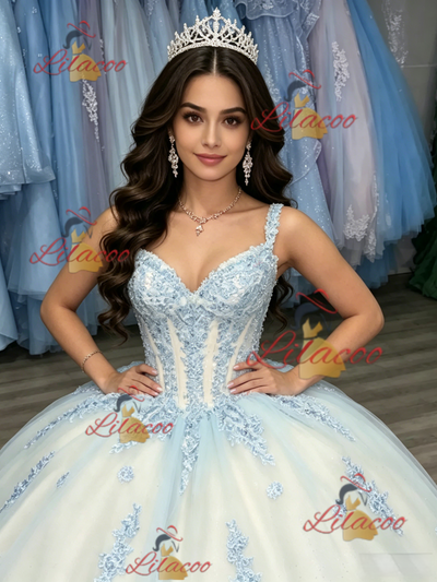 White Tulle Straps Appliques Quinceanera Dress