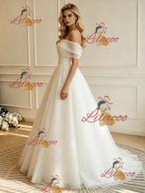 Beige White Tulle Off the Shoulder Wedding Dress