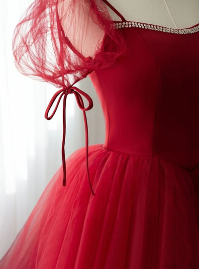 Burgundy Tulle Puff Sleeve Beading Prom Dress