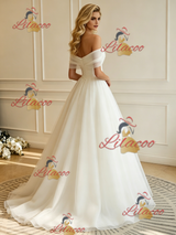 Beige White Tulle Off the Shoulder Wedding Dress