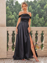 Black Satin Off the Shoulder Split Prom Dress