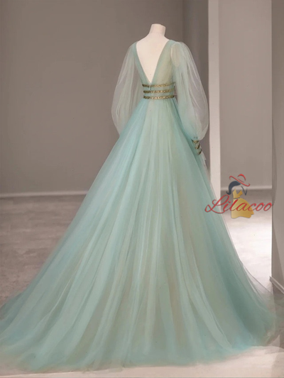 Green Tulle V-neck Long Sleeve Prom Dress