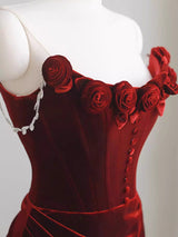 Burgundy Velvet Rose Flower Prom Dress