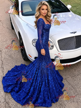 Blue Mermaid Sequins Long Sleeve Prom Dress
