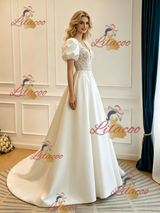 Beige White Satin Appliques Puff Sleeve Wedding Dress