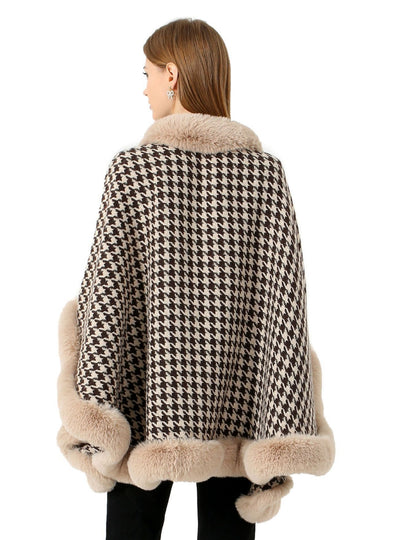 Large Fur Collar Houndstooth Wool Shawl Cloak