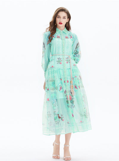 Retro Long Sleeve Lapel Printed Shirt Dress