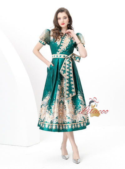 Short-sleeved V-neck Slim Printed Dress