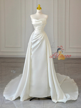Ivory White Satin Strapless Pleats Wedding Dress