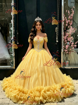 Yellow Tulle Off the Shoulder Beading Quinceanera Dress