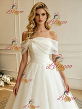 Beige White Tulle Off the Shoulder Wedding Dress