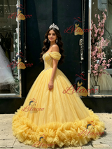 Yellow Tulle Off the Shoulder Beading Quinceanera Dress