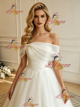 Beige White Tulle Off the Shoulder Wedding Dress