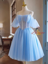 Blue Tulle Lace Pleats Homecoming Dress