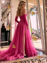 Fuchsia Tulle Straps Long Sleeve Prom Dress