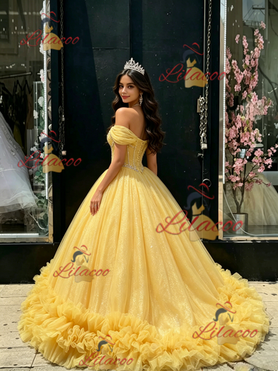 Yellow Tulle Off the Shoulder Beading Quinceanera Dress