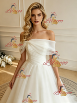 Beige White Tulle Off the Shoulder Wedding Dress
