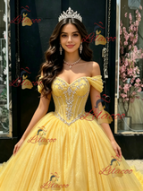 Yellow Tulle Off the Shoulder Beading Quinceanera Dress