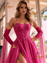 Fuchsia Tulle Straps Long Sleeve Prom Dress