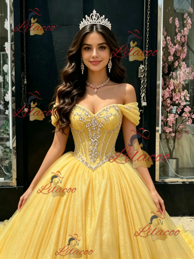 Yellow Tulle Off the Shoulder Beading Quinceanera Dress
