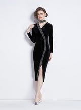 Black Velvet Beaded Slit Slim Dress