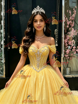 Yellow Tulle Off the Shoulder Beading Quinceanera Dress