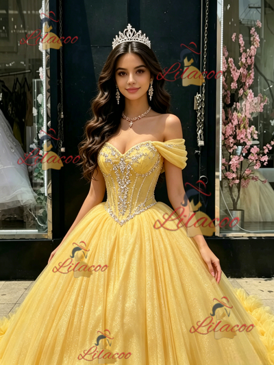 Yellow Tulle Off the Shoulder Beading Quinceanera Dress