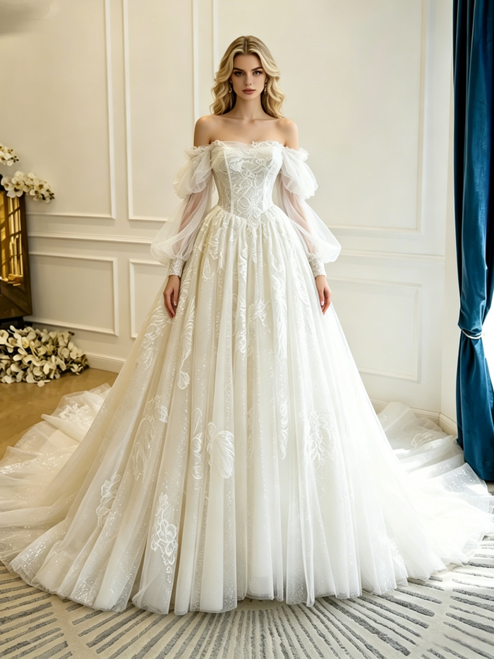 Vintage Long Sleeve Tulle Lace Wedding Dress
