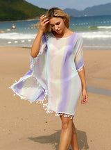 Round Neck Bat Sleeve Rainbow Dress Beach Cover Up