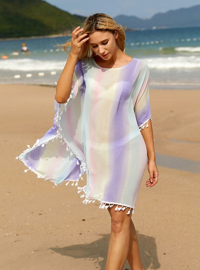 Round Neck Bat Sleeve Rainbow Dress Beach Cover Up