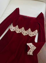 Burgundy Velvet Long Sleeve Lace Prom Dress