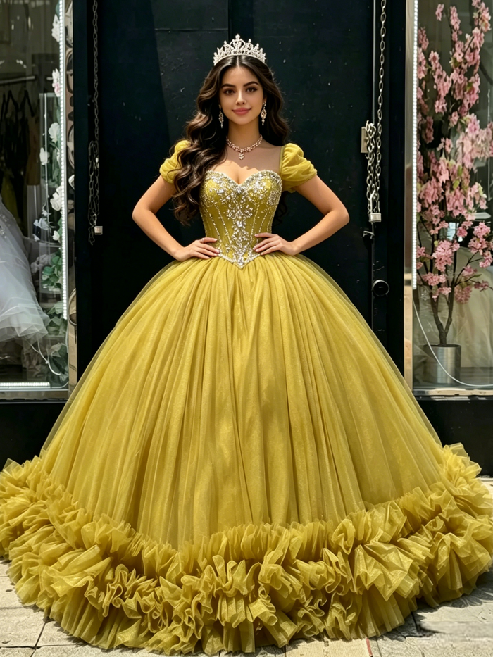 Green Tulle Strapless Beading Quinceanera Dress