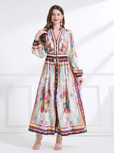 Vintage Palace V-neck Lantern Sleeve Printed Long Dress