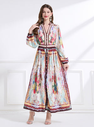 Vintage Palace V-neck Lantern Sleeve Printed Long Dress