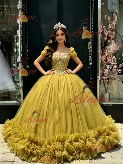 Green Tulle Strapless Beading Quinceanera Dress