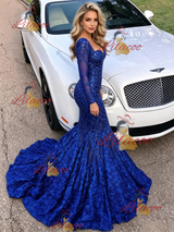 Blue Mermaid Sequins Long Sleeve Prom Dress