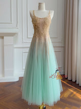 Green Tulle Lace Straps Prom Dress