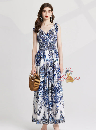 Retro Porcelain Backless Chiffon V-neck Dress