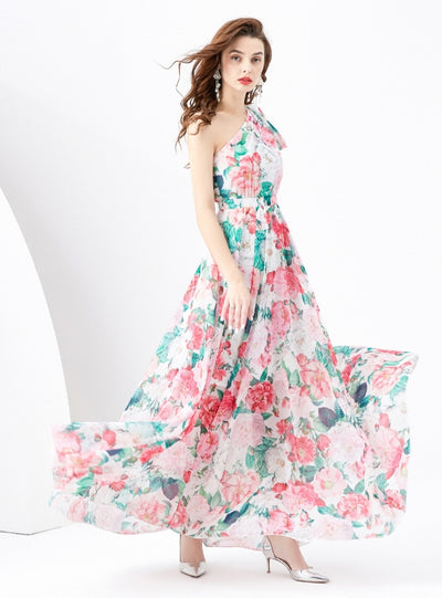 One-shoulder Chiffon Long Printed Dress