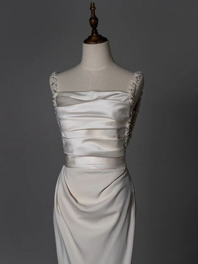 White Satin Straps Beading Pleats Wedding Dress