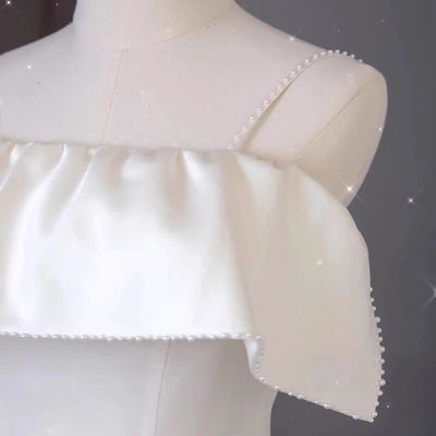 White Satin Spaghetti Straps Wedding Dress