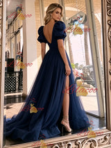 Navy Blue Puff Sleeve V-neck Prom Dress