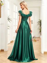 Green Satin V-neck Lace Prom Dress