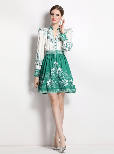 Printed Retro V-neck Lantern Sleeve Dress
